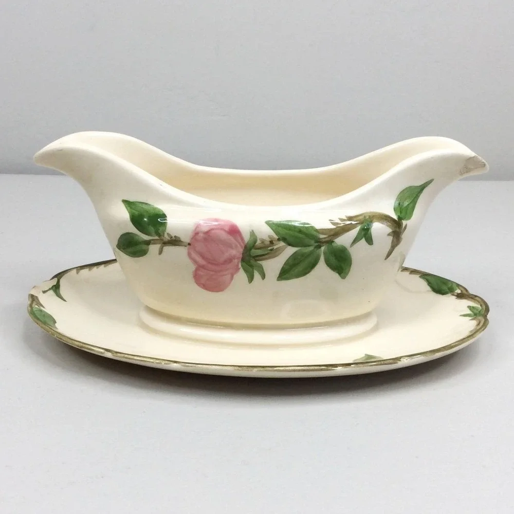 VTG Franciscan Desert Rose Double Spout Gravy Boat Attached Plate USA Pottery 40